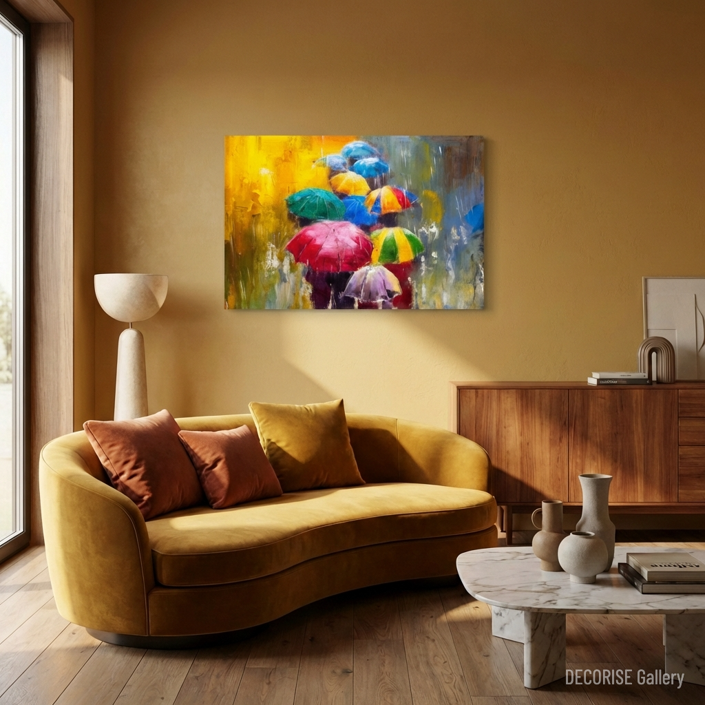 Kolorowe parasole w deszczowy dzień