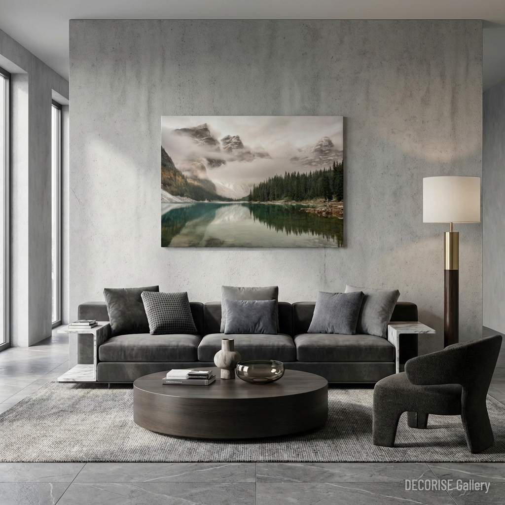 Góry we mgle nad jeziorem