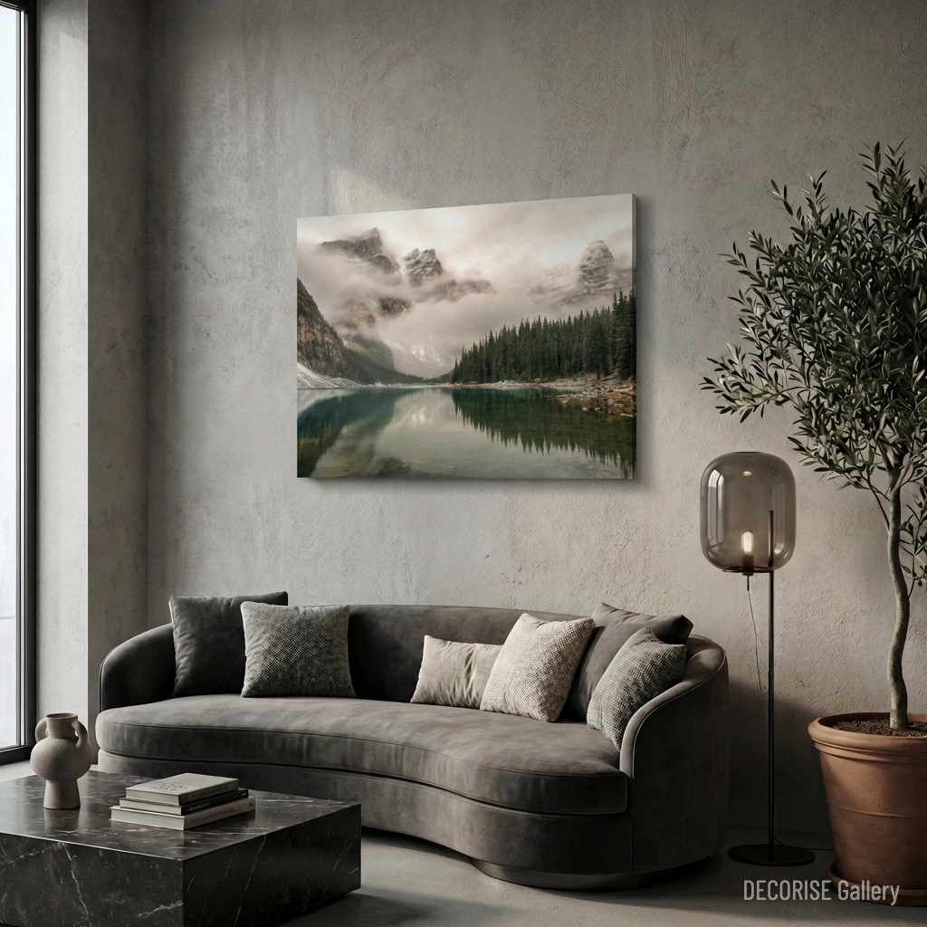 Góry we mgle nad jeziorem