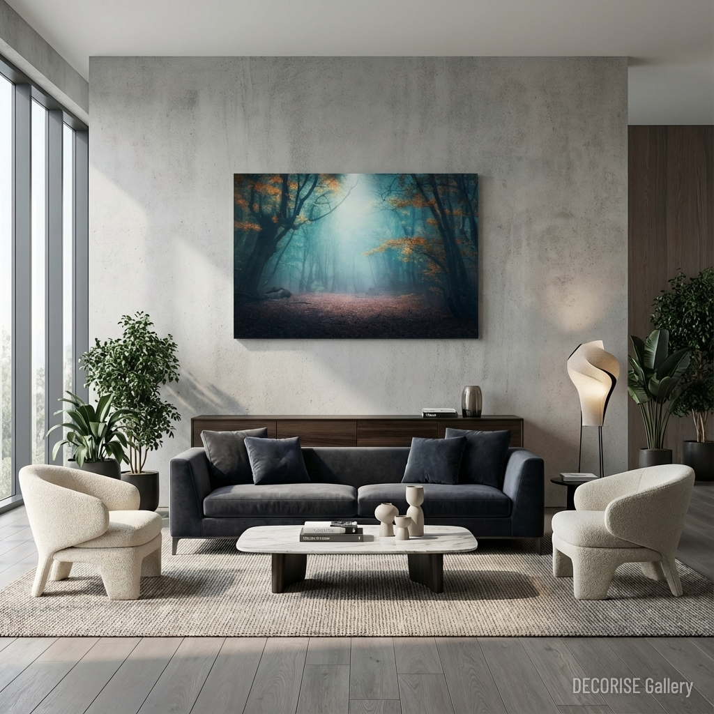 Jesienny las w gęstej mgle