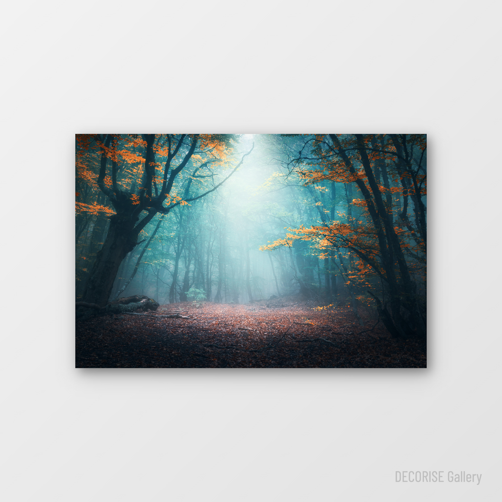 Jesienny las w gęstej mgle