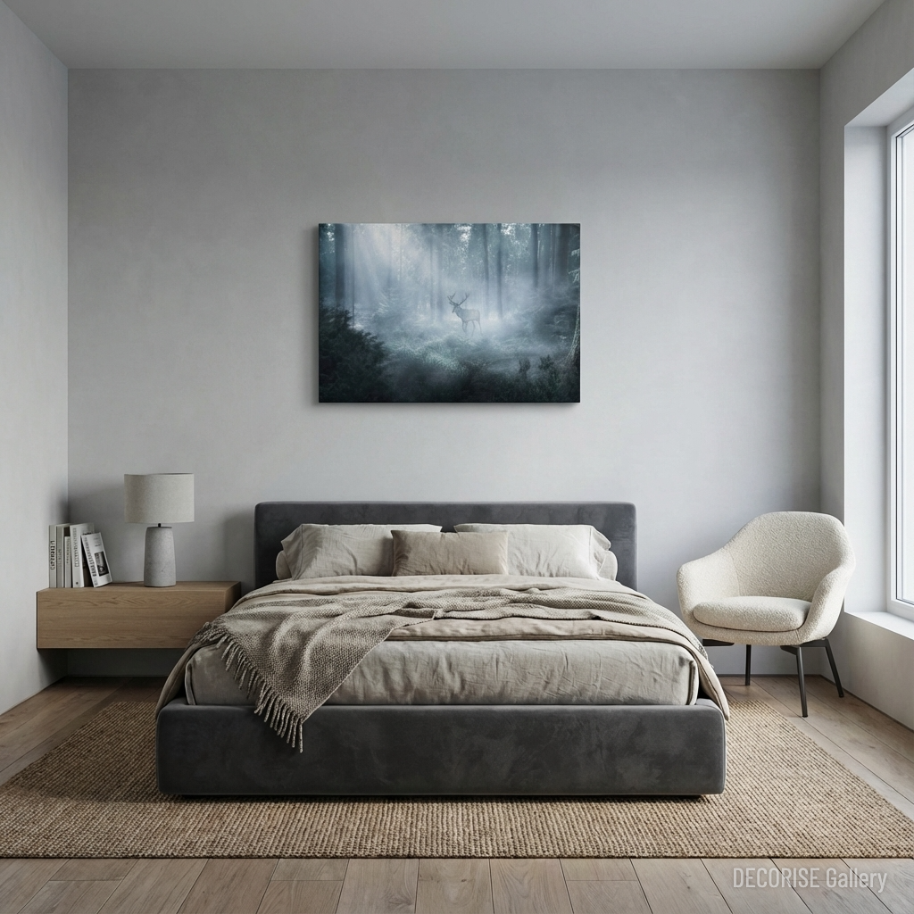 Jeleń we mgle w lesie