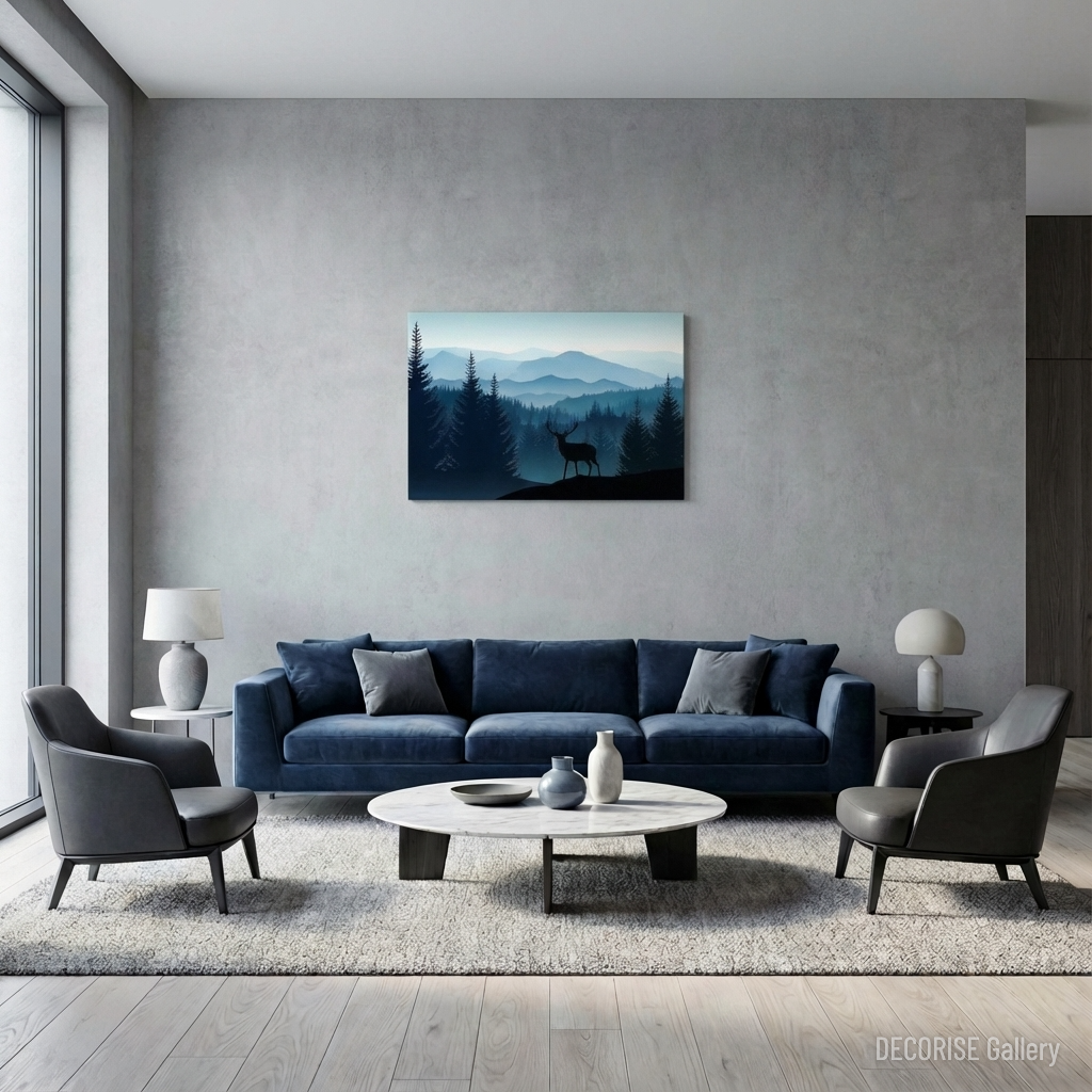 Sylwetka jelenia na tle górzystego lasu