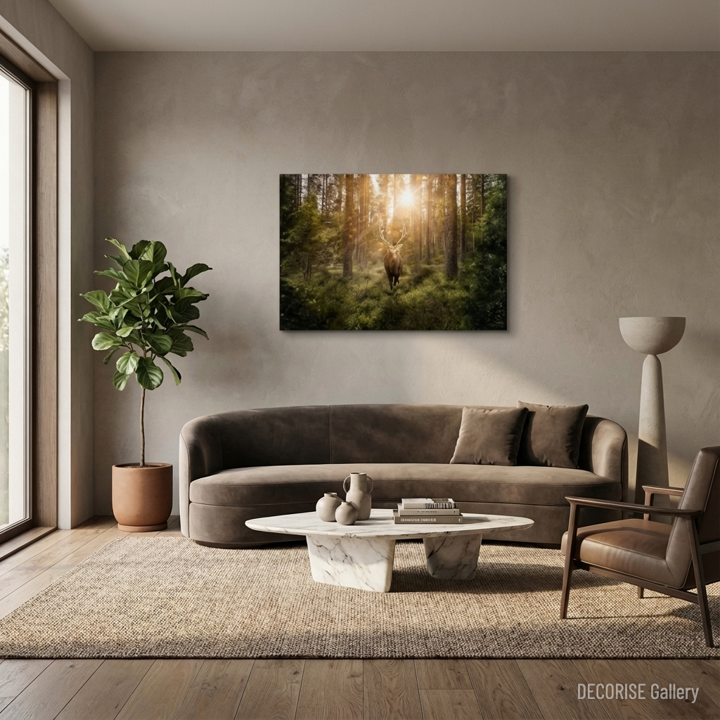 Jeleń w promieniach słońca w lesie