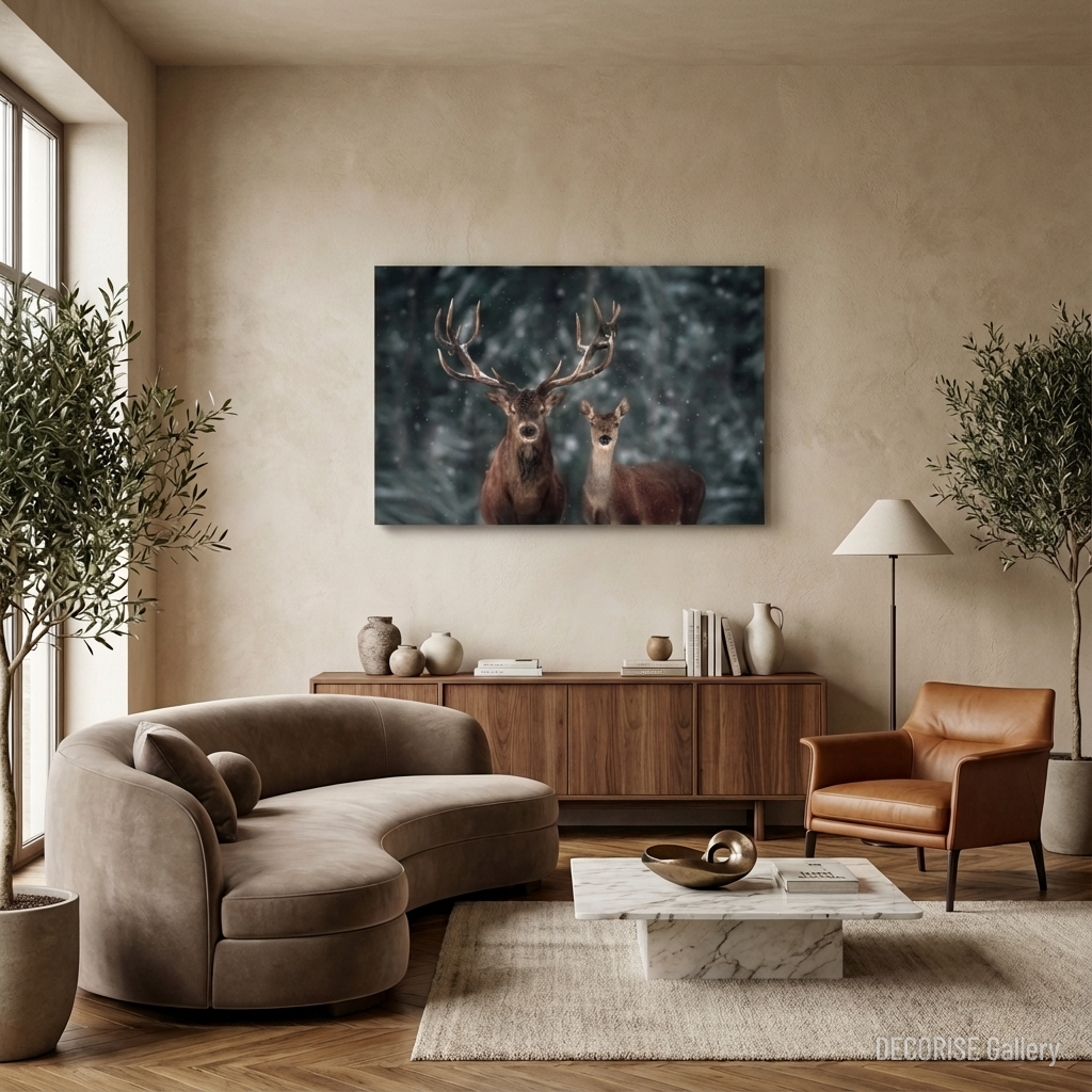 Jeleń i łania w padającym śniegu