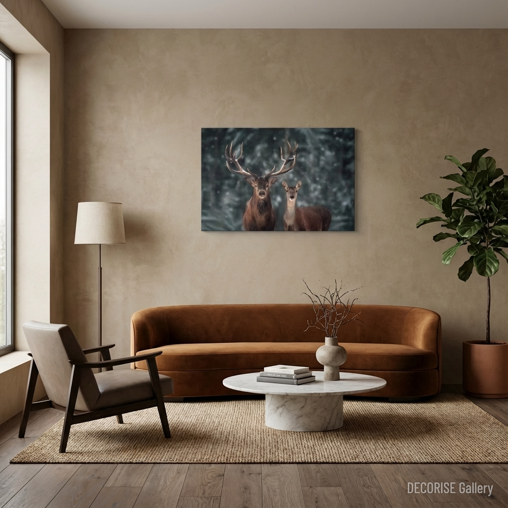 Jeleń i łania w padającym śniegu