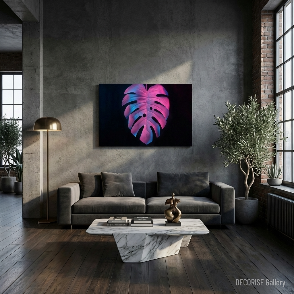 Liść monstery w neonowym świetle