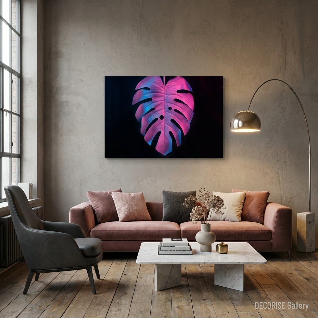 Liść monstery w neonowym świetle