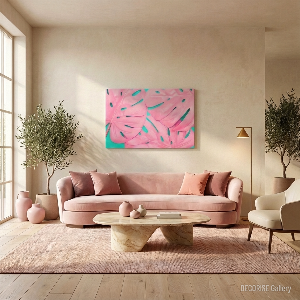 Różowe liście monstery na turkusowym tle