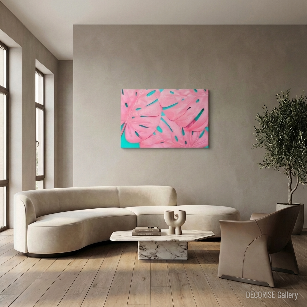 Różowe liście monstery na turkusowym tle