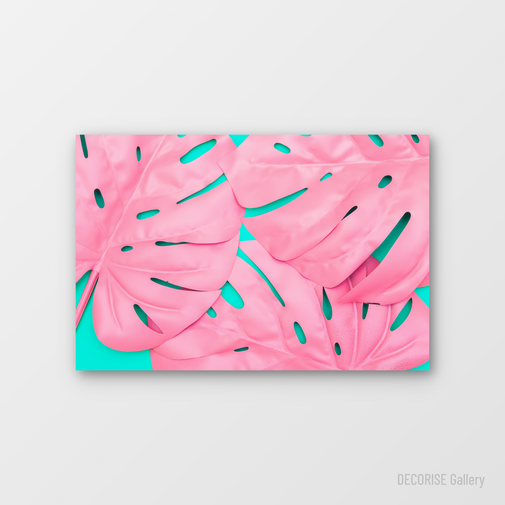 Różowe liście monstery na turkusowym tle