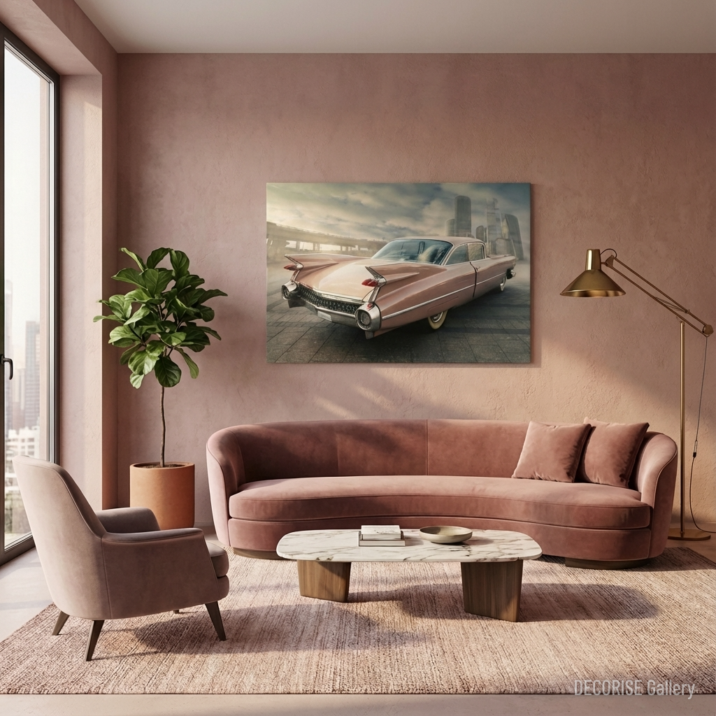 Różowy amerykański samochód na tle wieżowców