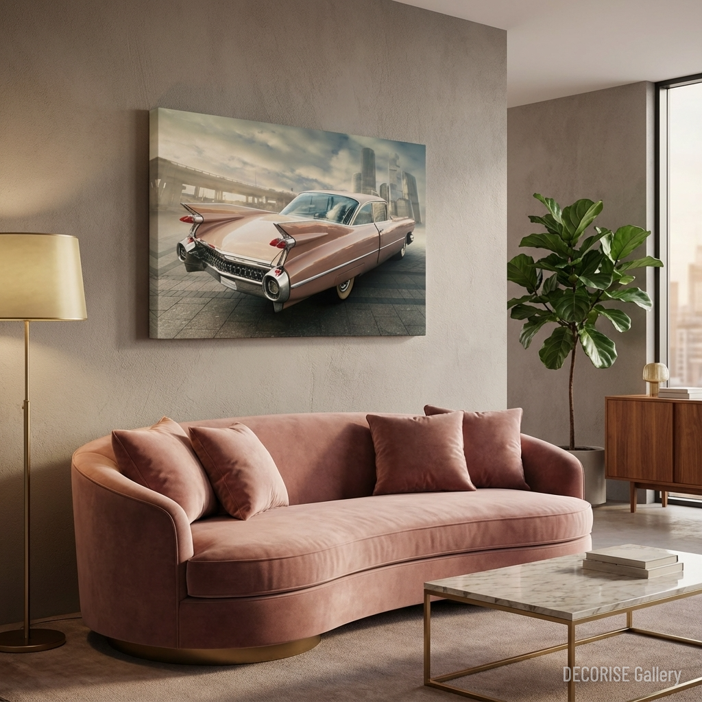 Różowy amerykański samochód na tle wieżowców