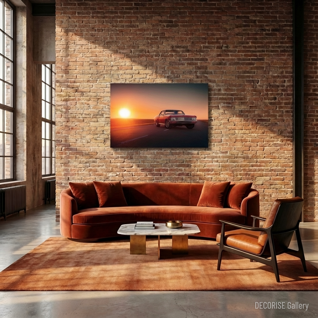 Czerwony klasyczny samochód o zachodzie słońca