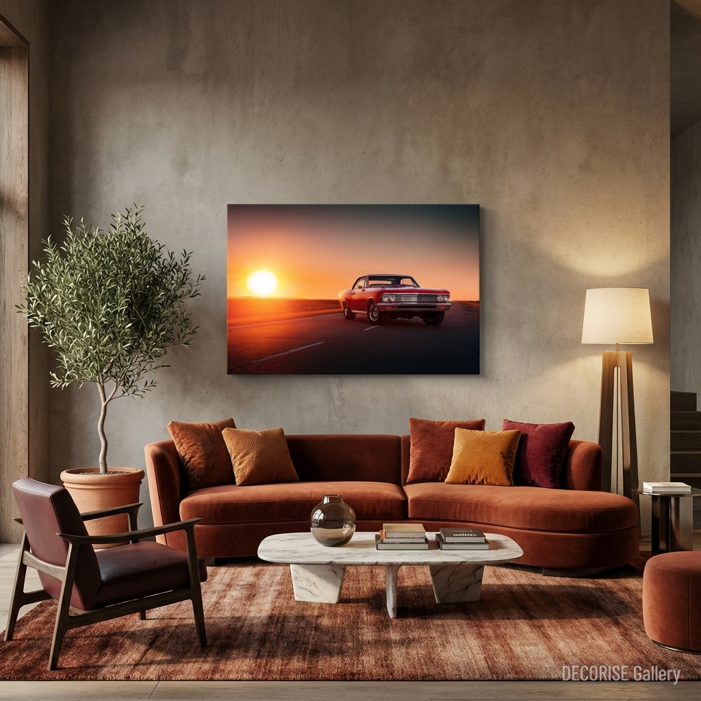 Czerwony klasyczny samochód o zachodzie słońca