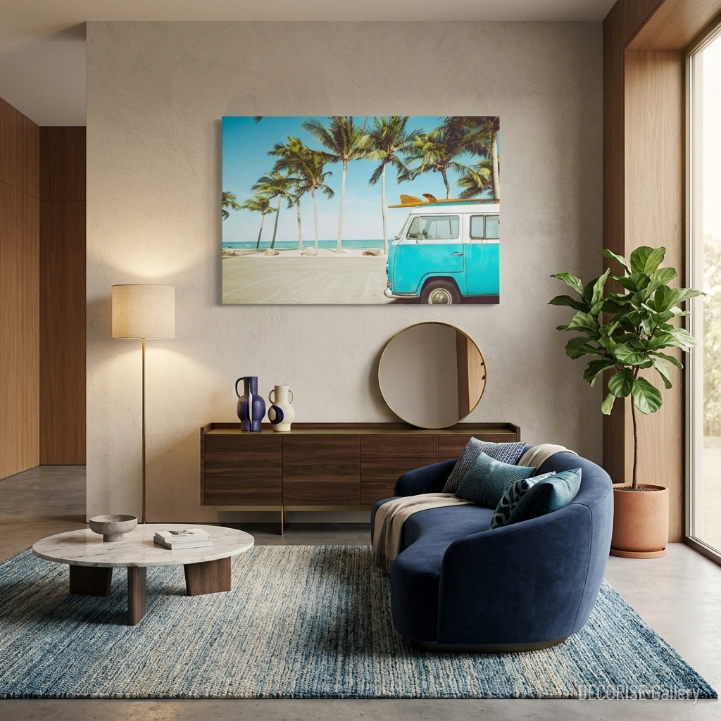 Niebieski bus z deskami surfingowymi