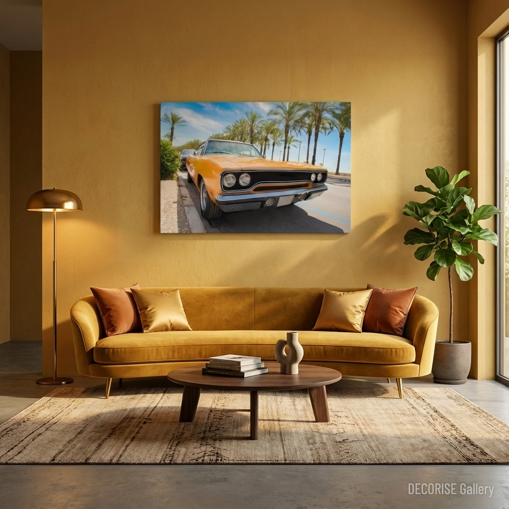 Pomarańczowy klasyczny samochód pod palmami