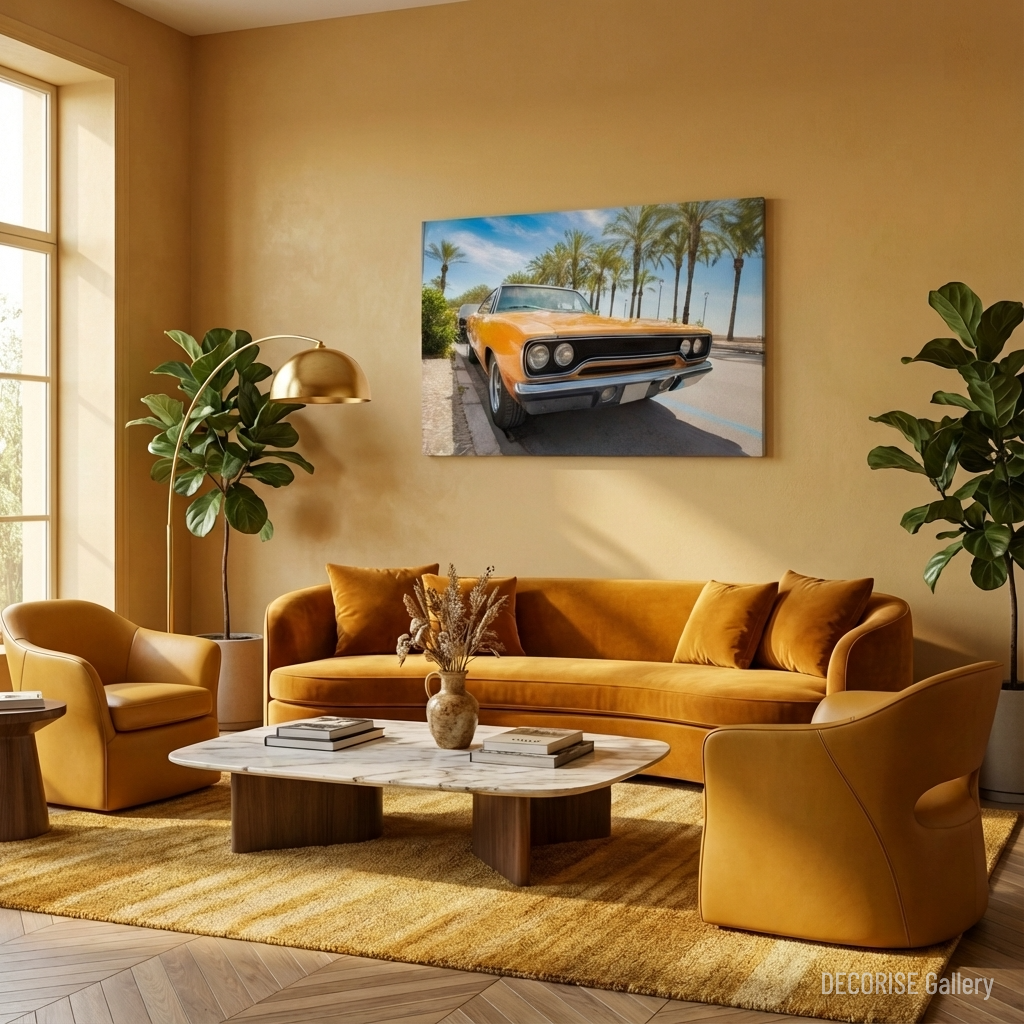 Pomarańczowy klasyczny samochód pod palmami