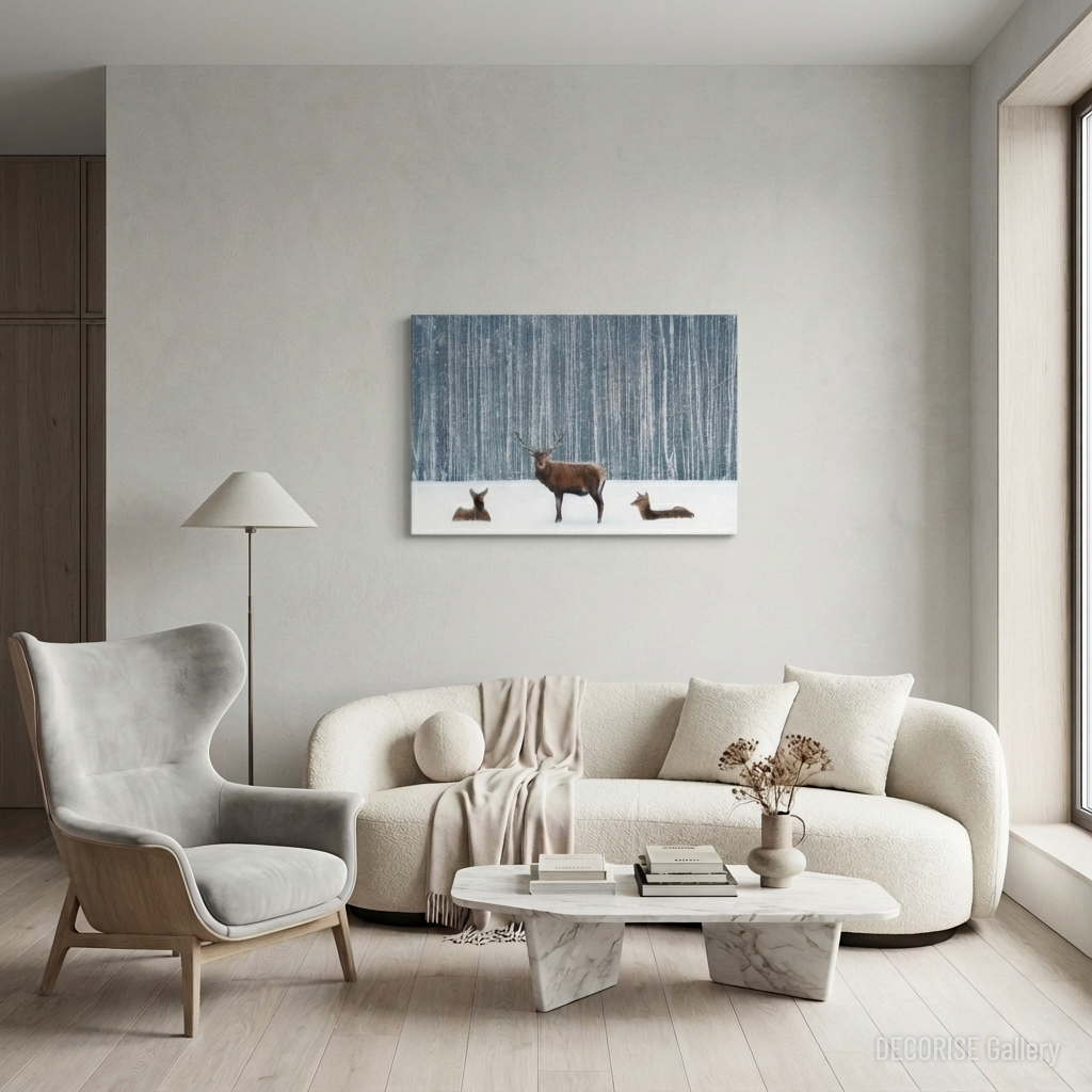 Jeleń i łanie w zaśnieżonym lesie