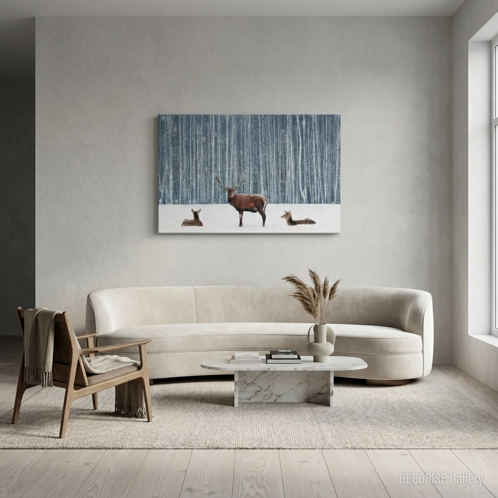 Jeleń i łanie w zaśnieżonym lesie