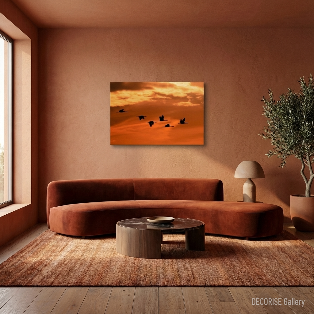 Klucz żurawi na tle zachodzącego słońca