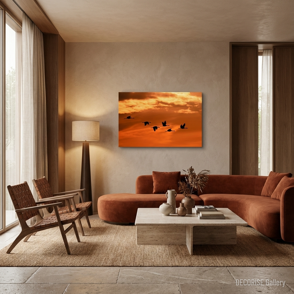 Klucz żurawi na tle zachodzącego słońca